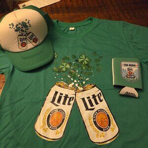 Miller Lite Chirish Tshirt (L), Hat (adjustable velcro), & koozie